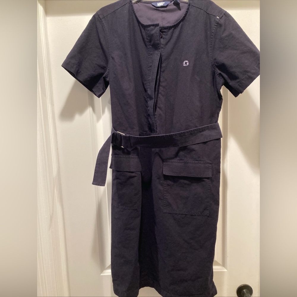 Lands End Woman’s DressLinen Blend Size 10 Navy Blue W Belt Front Flap Pockets